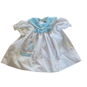 Vintage Nannette Baby Girl Dress 12 Months Sailboat Embroidery Blue Sailor Style
